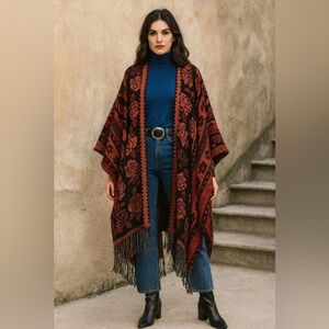 Rhonda Stark Italian Knit Red Black Fringe Poncho Shawl Wrap Boho Artwear One S
